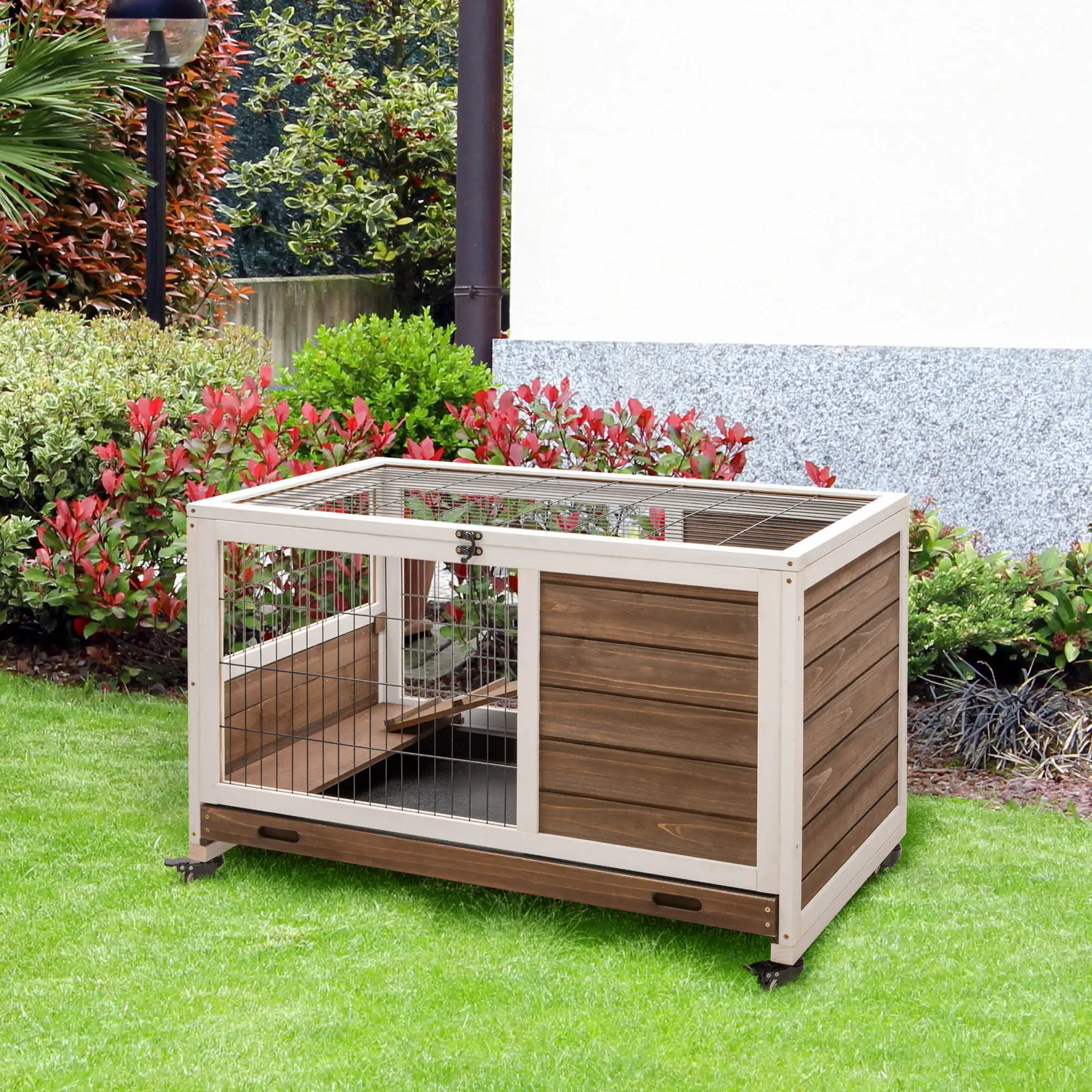 Pawhut Rabbit Cage Rabbit Cage for Small Pets with Openable Roof and Removable Tray 90X53X59 cm