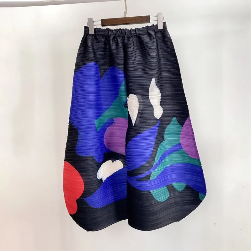 YUDX Miyake plissé jambe large pantalon femme multicolore imprimé élastique taille haute ample grande taille 2025 nouveau automne femmes vêtements
