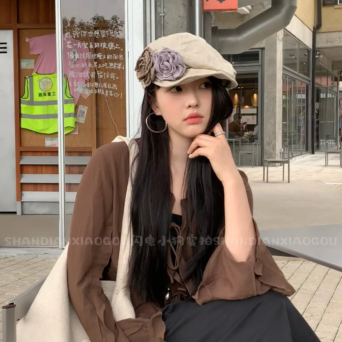 

Linen Flower Pleated Short Brim Newspaper Children's Hat Fashion Female Literature Art Big Waist Beret Gorra Hoed 4m780