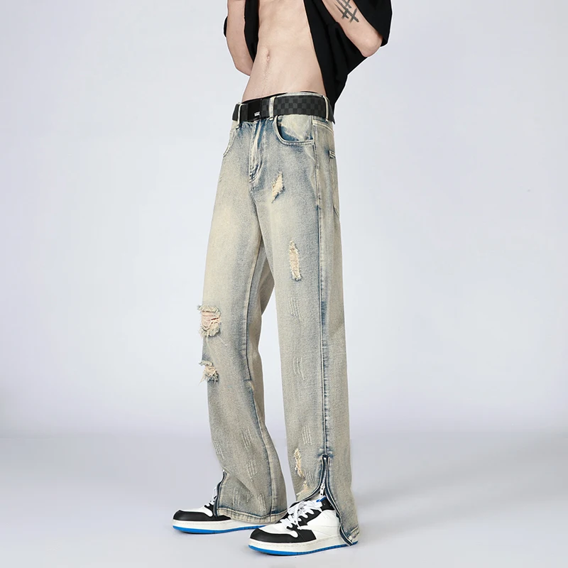 

Мужские свободные джинсы в американском стиле, осенние, в стиле хип-хоп, с отворотами, на молнии, винтажные, прямые, расклешенные, с дизайнерскими прорезями