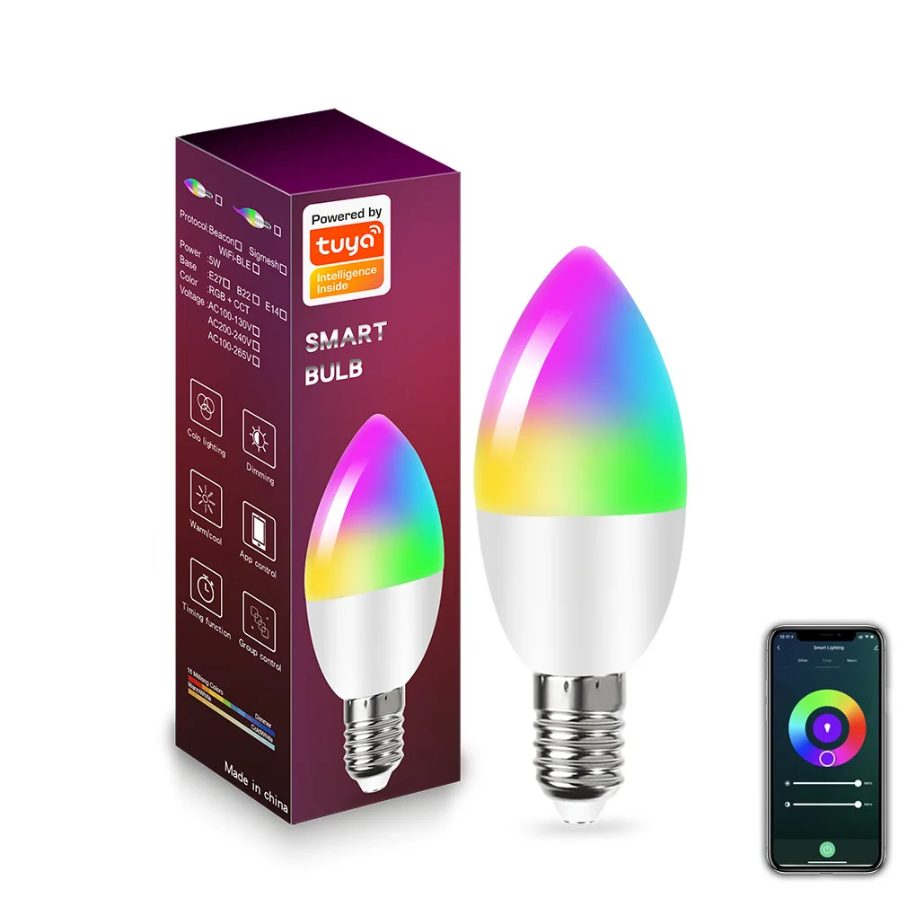 Tuya-E14 Lâmpada Smart Candle, Lâmpada LED regulável, WiFi, Bluetooth, RGB, APP Smart Life, Controle de Voz, Google Home, Alexa, 5W