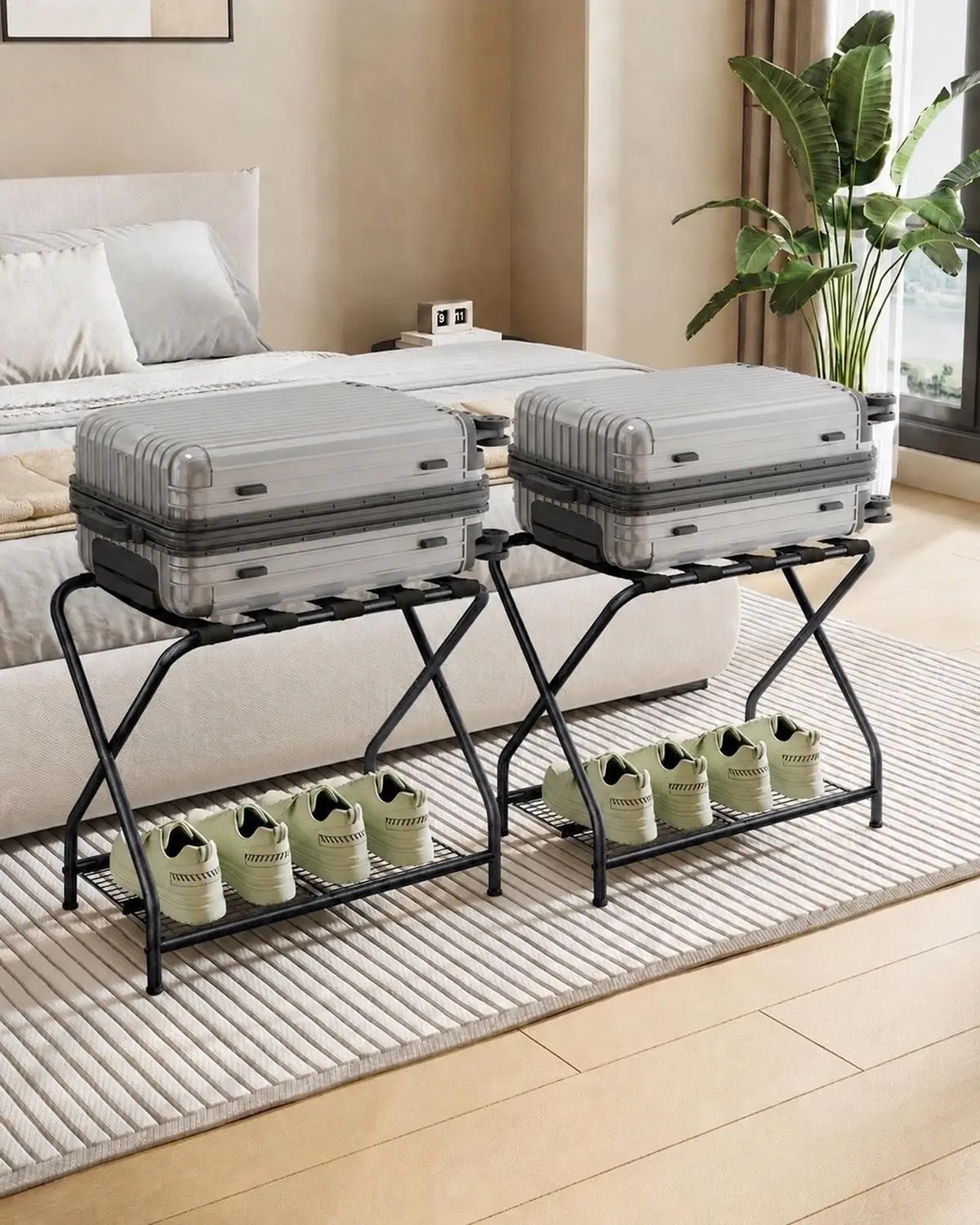 

Foldable Luggage Rack Set of 2 Heavy Duty Metal Stands with Storage Shelves 150 lbs Top 50 lbs Bottom Each Fits 20-28 inch for