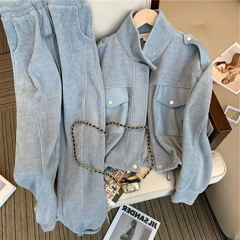 

Grey Sport and Leisure Suit for Women Autumn Winter 2023Korean Version Retro Fashion Senior Seniority Age-reducing Two-piece Set