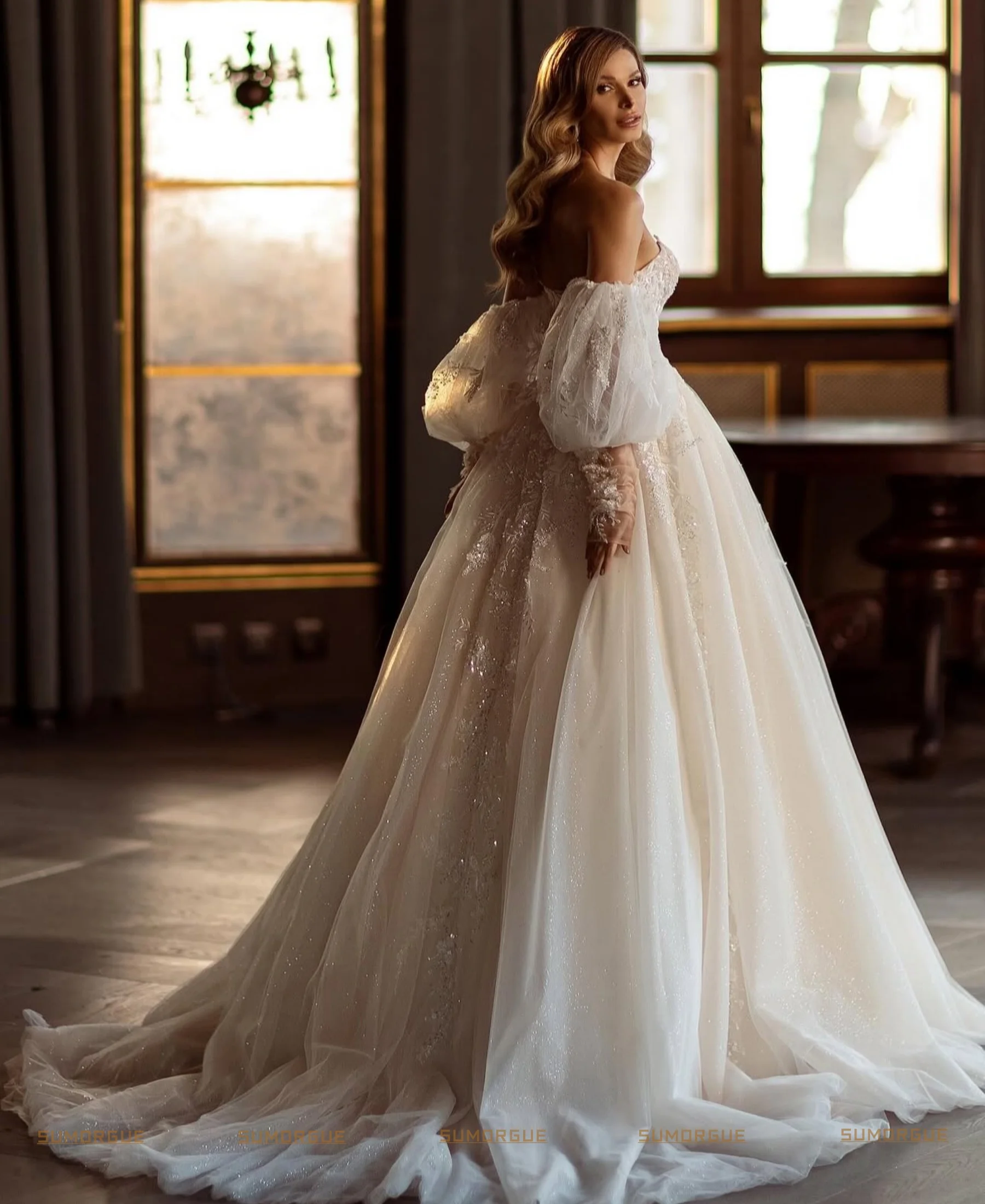 Luxury Lace Church Wedding Gowns For Women  Glitter Tulle Bride Corset Bridal Dresses High-end Customized Vestidos De Novia