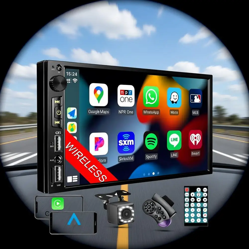 

7-дюймовая автомобильная магнитола Double Din с CarPlay, Bluetooth, камерой заднего вида, HD IPS сенсорным экраном, Mirror Link, встроенным микрофоном/USB/AUX/Android