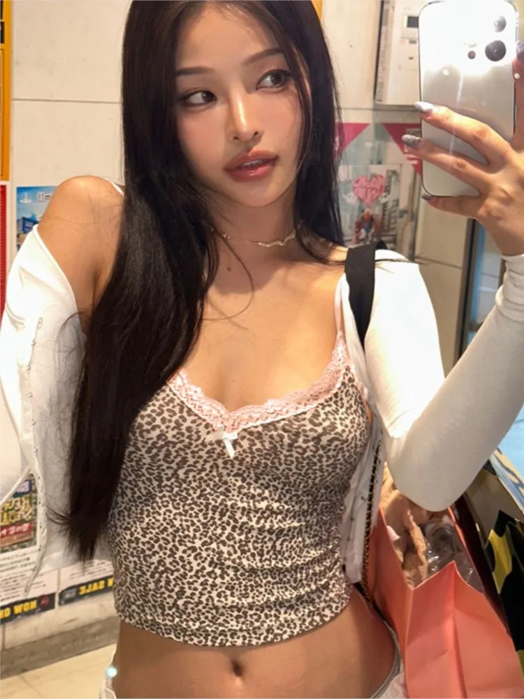 

Tops Slim Leopard Print Lace Bowknot V-neck Suspender Vest Sexy Temperament Fashion Color Colorful Trendy Casual Simple Style