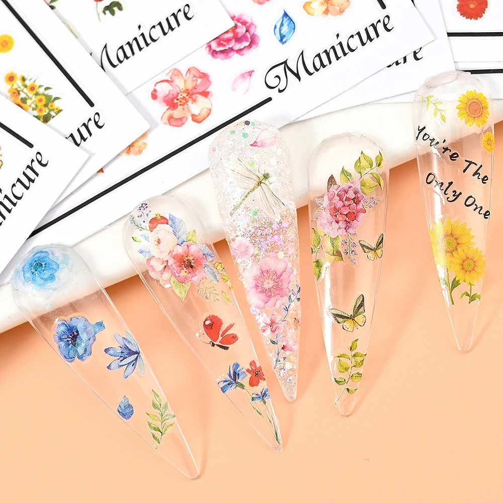 1Sheet Summer Flower Nail Art Stickers 3D Self Adhesive Sunflower Rose Design Nail Decals Colorful Floral Sticker For Nail Decor