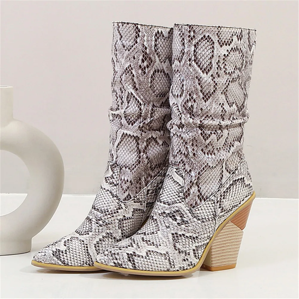 2024 Wit Zwart Bruin Faux Lederen Cowboy Enkellaarzen Voor Dames Sleehak Hoge Hak Laarzen Dikke Snake Print Western Cowgirl Laarzen