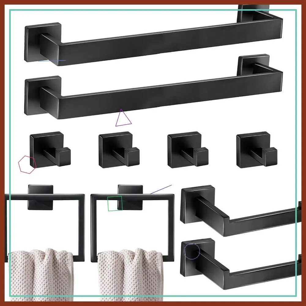 

10-Piece Matte Black Bathroom Hardware Set with Towel Bars, Hooks, Rings & Toilet Paper Holder
