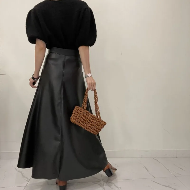 Jupe en cuir Pu noir pour femmes, avec poches, grand ourlet, taille haute, Maxi, longue, ligne a, bureau, Streetwear, automne hiver