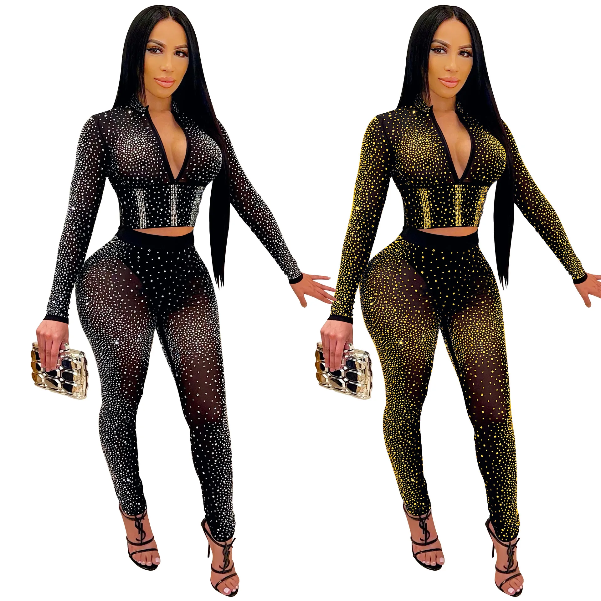 

EINY Y2k Sparkle Crystal Pants Set Outfits New Spring See Through Rhinestone Studded Crop Top And Legging Set Party Club Wears