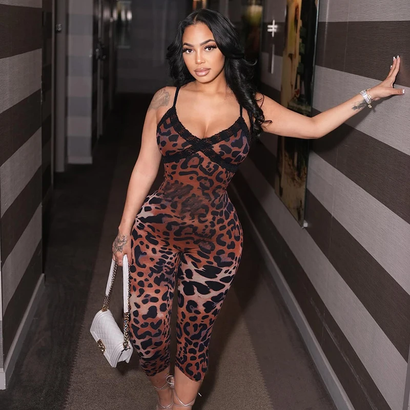 CUTENOVA nouveau femmes imprimé léopard dentelle garniture Patchwork Camisole combinaison moulante sept Points combinaison mode Streetwear barboteuse