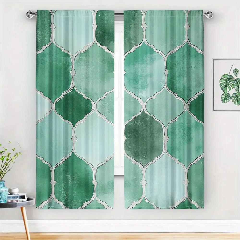 2PC Boho Green Geometric Quatrefoil Damask Curtain Panels Set for Living Room Windows Moroccan Mediterranean Luxury Drapes Filte