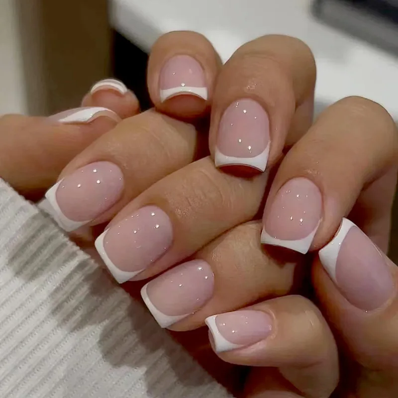 

Short Square Press on Nails Nude White Classic French Fake Nails Detachable Ins Elegant Manicure for Women Daily Wedding Dating