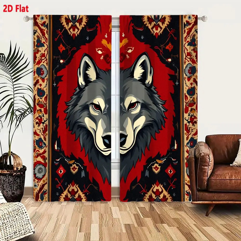 2Pcs Curtains 2D Flat Stylized Wolf Head With Ornate Rug Background And Glowing Red Eyes Window Drapes for Bedroom Room Decor De