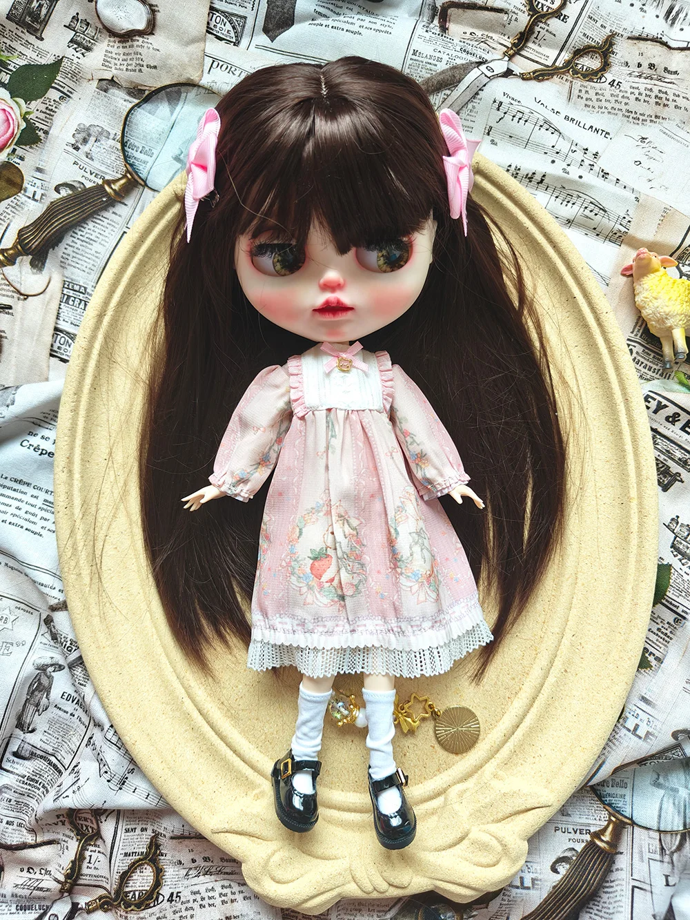 New Blythe doll Clothes  Handmade Cute pink classic dress For Ymy Licca Azones Ob24 Azone Doll Accessories 4-piece set Anime