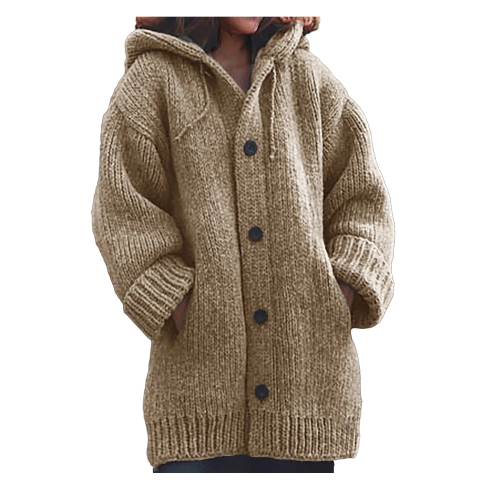 Buttons Closure Long Sleeve Women Cardigan Autumn Winter Patchwork Drawstring Hooded Knitted Coat Outerwear