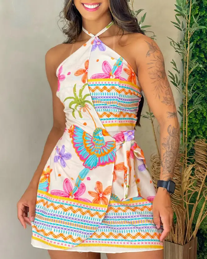 Jumpsuit Women New Tropical Print Halter Backless Tie Back Romper Casual Elastic Back Waist Wrap Front Tie Side Skorts Romper