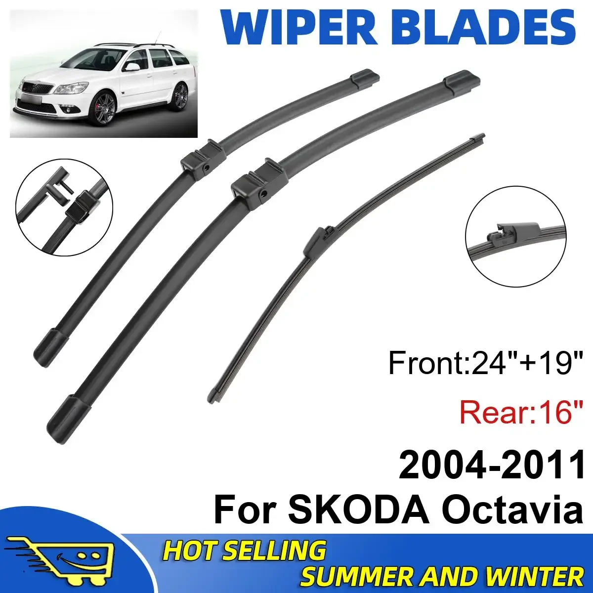 

3PCS For SKODA Octavia 2004-2011 24" + 19"+ 16" Double Rubber Car Wipers Blades Brushes Cutter Parts Accessories Windscreen