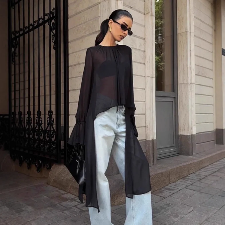 

Black Autumn Women's Chiffon Blouse Round Neck Flare Sleeve Pullover Lady's Shirt Temperament Casual Versatile Shirt For Female