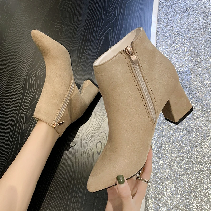 2023 Winter Shoes for Female Side Zip Women's Ankle Boots Pointed Toe Square Heel Women's Shoes Plus Size Modern Ladies Boots