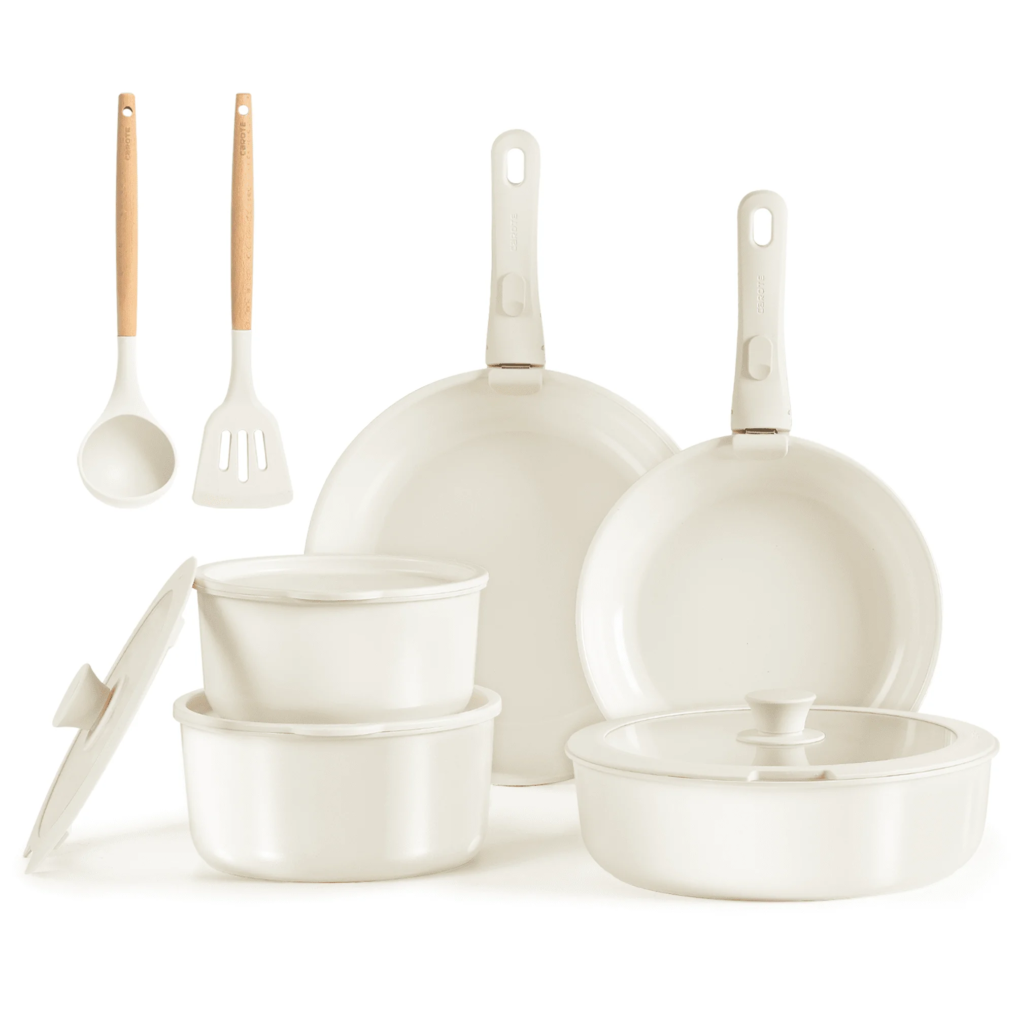 13 Piece Ceramic Cookware Set Detachable Handle Pots and Pans Set Oven Safe Cream White Dishwasher Safe