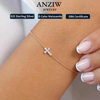 Anziw 925 Sterling Silver Cross Bracelet Certified 2.5mm D Color Moissanite Bracelet for Women Men Jewelry Adjustable Chain Gift