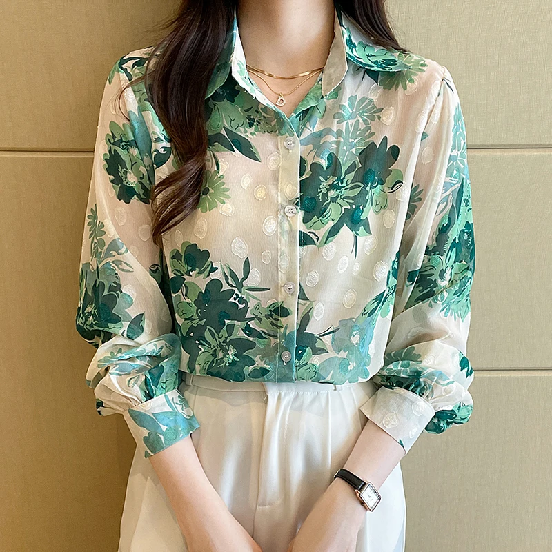 Women Spring Korean Loose Fashion Printing Appear Thin Polo-Neck Long Sleeve Shirts Women Clothes Casual All-match Elegant Tops