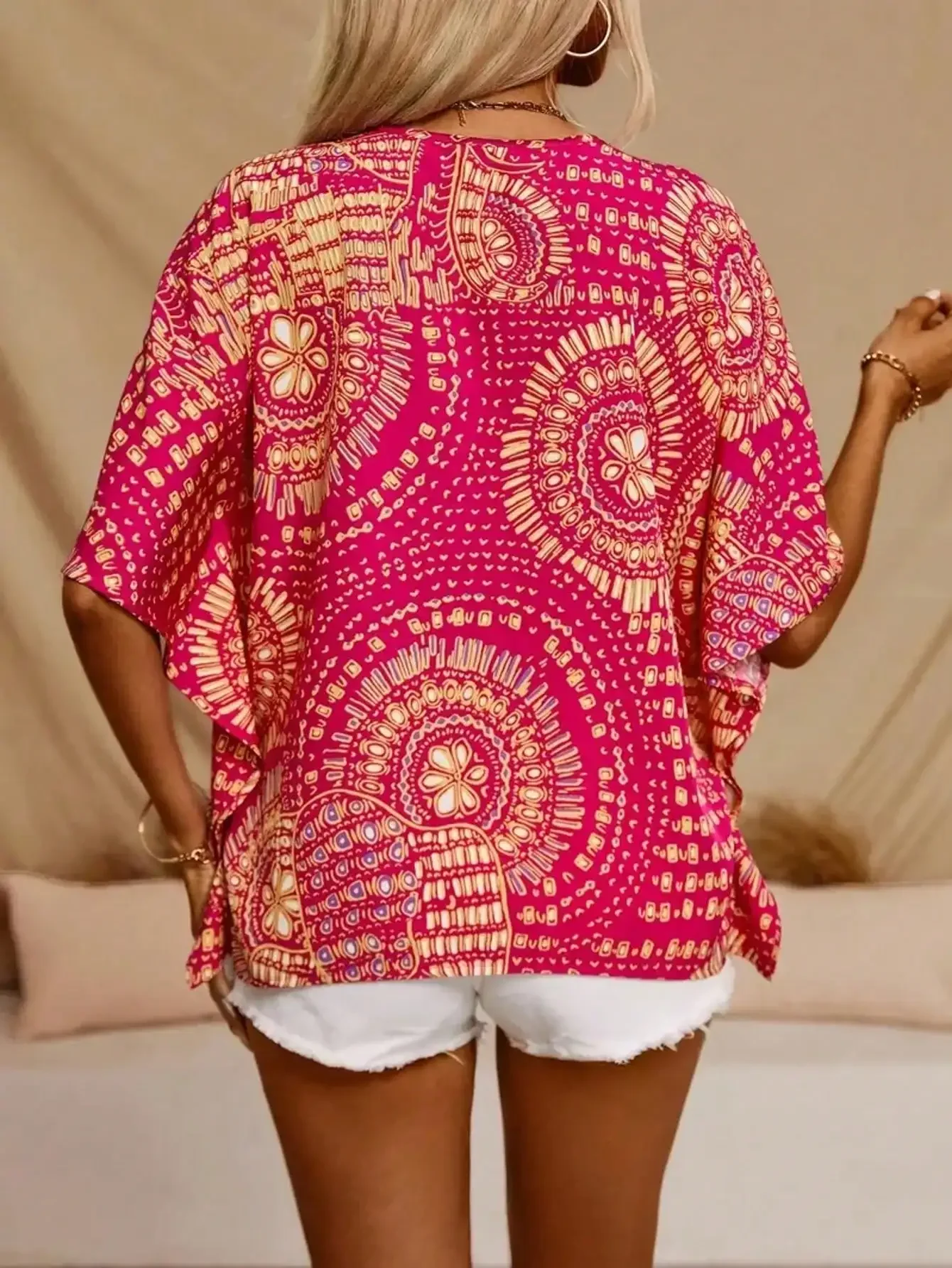 Plus Size 1XL-5XL Women's Fashion Print V-Neck Batwing Sleeve Blouse Top Ladies Casual Short Sleeve Summer Shirt Tops image 2
