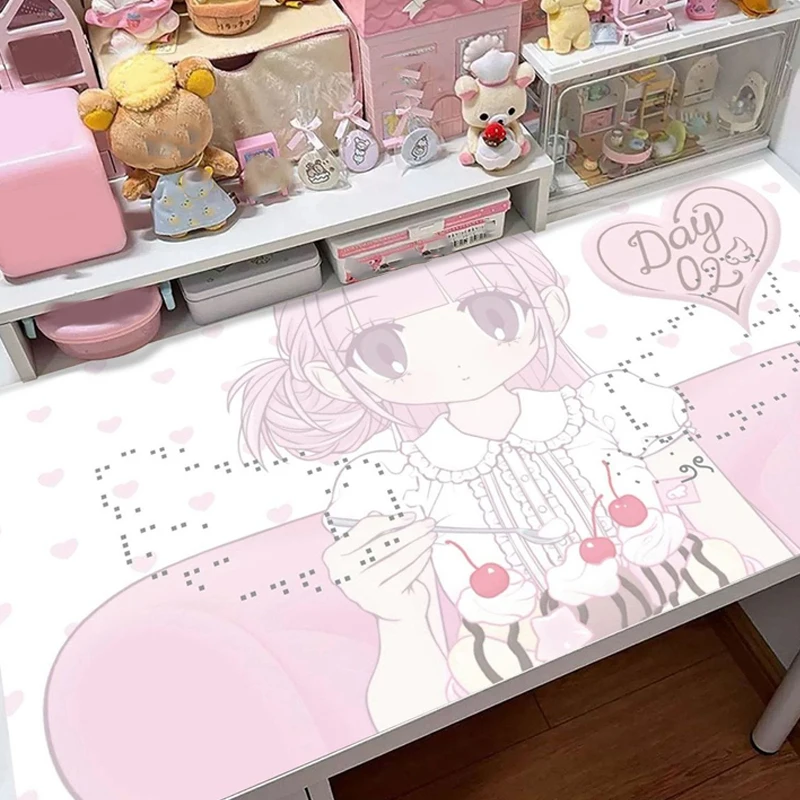 Anime Pink Love Heart Angel Girl PU Leather Desk Mat Office Kawaii Mouse Pad HD Keyboard Large Gaming Mousepad PC Desk Decort