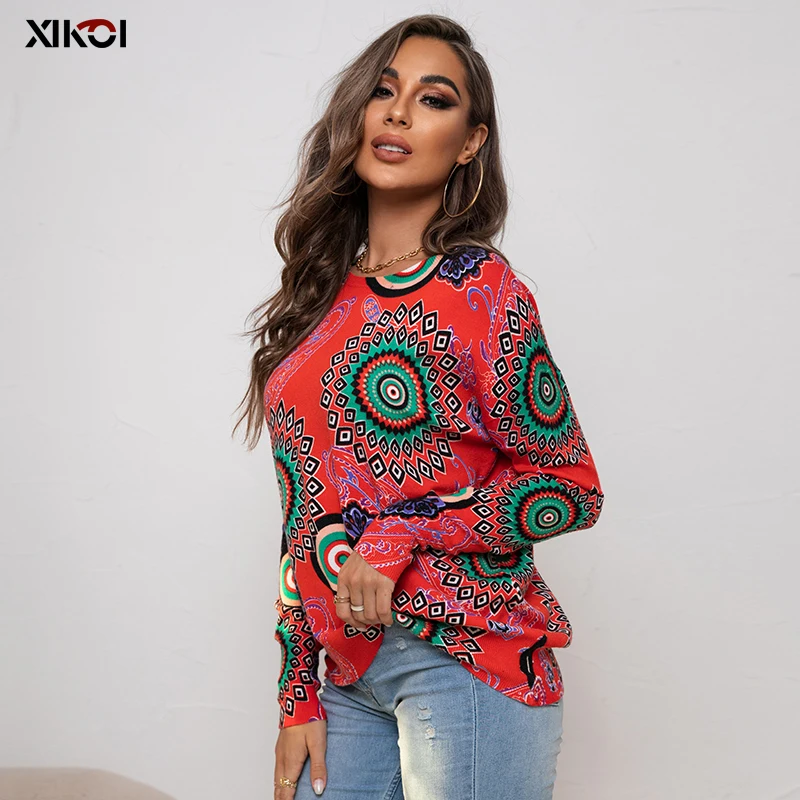 Ladies Autumn Winter Print Knitted Loose Sweater Women Pullover Tops Long Sleeve O Neck Casual Oversized Fashion Streetwear