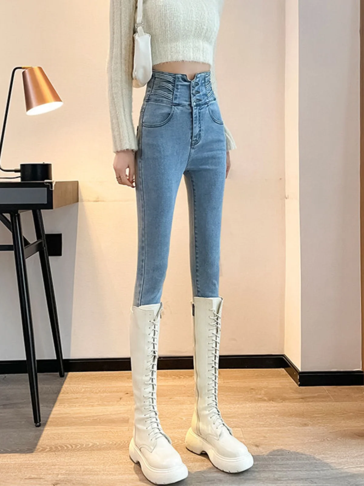 

Эластичные универсальные утягивающие женские джинсы с высокой талией, весна 2024, корейские брюки-карандаш, длинные брюки, хлопковая джинсовая ткань