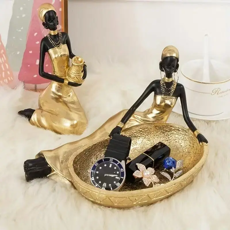 

African Girl Home Decoration Storage Sculpture Living room Office Decorative Ornament Vintage Collectible Craft Deskt Decor