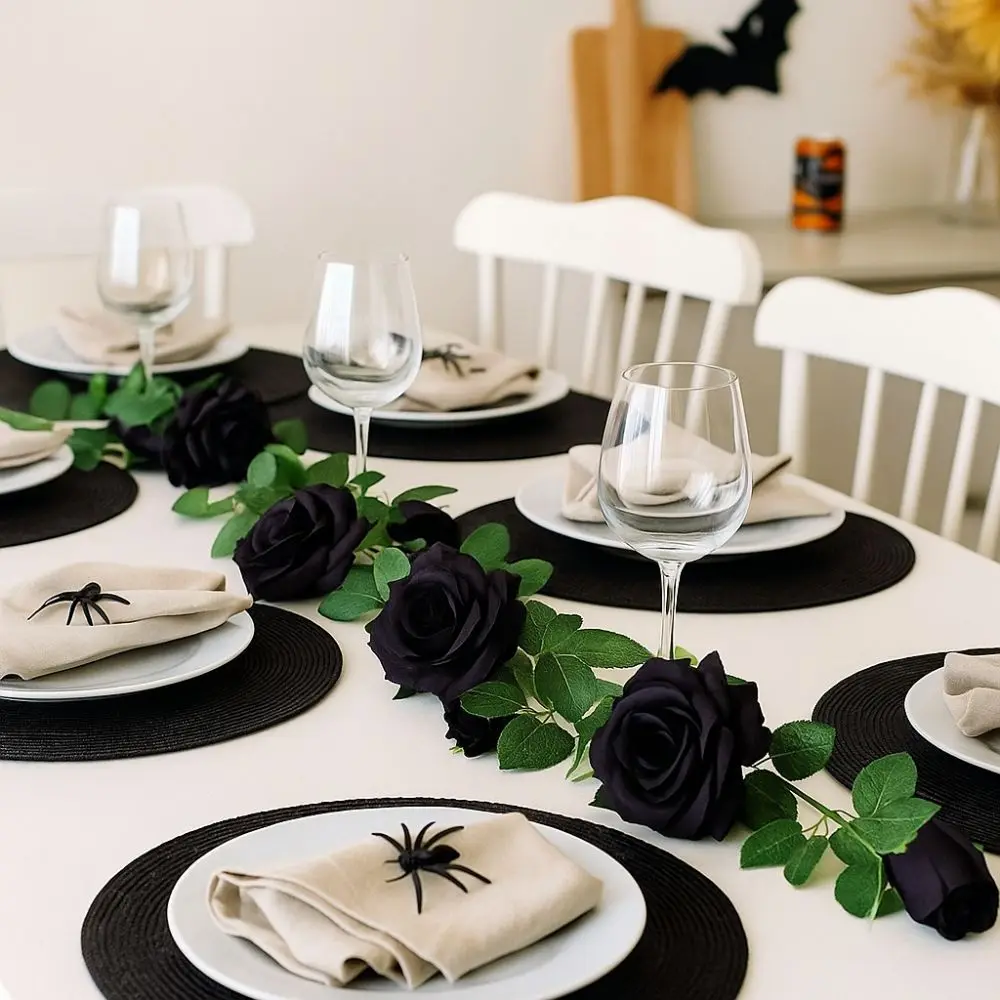 200cm enredaderas de rosas de Halloween flores simuladas enredaderas de rosas artificiales negras guirnalda de Halloween hecha a mano realista frente de chimenea