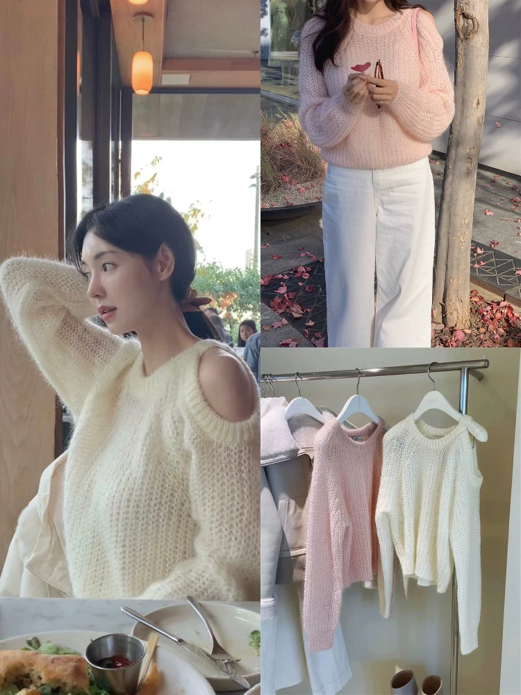 

Lala Мягкий вязаный свитер с колючками и вырезами, свободный крой, длинный свек, круглый, чистый цвет, зимняя мода для женщин...