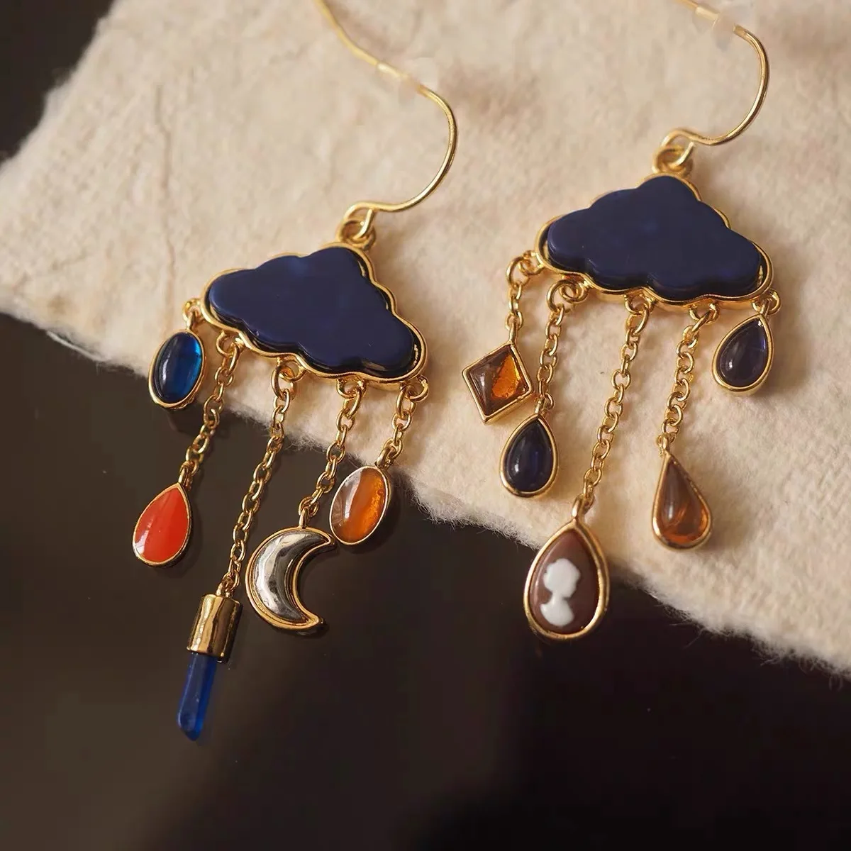 

French Cloud Pendant Star-Moon Lapis Lazuli Long Tassel Earrings - Statement Gemstone Ear Cuffs