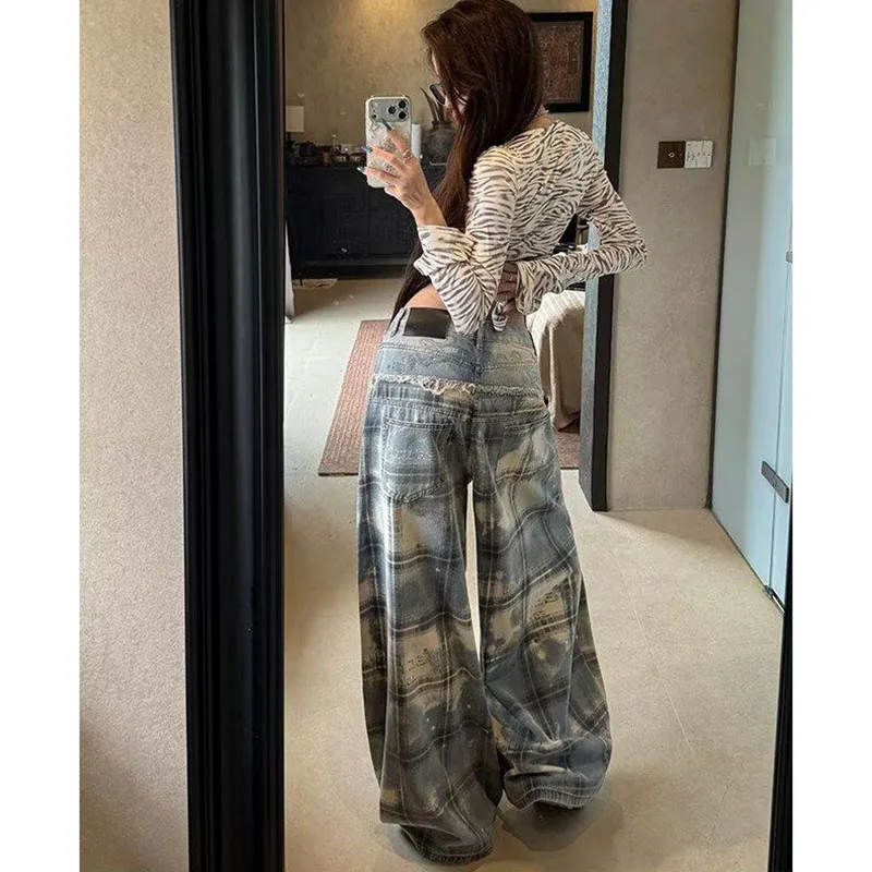 Unisex Plaid Pattern Ripped Detail Jeans Lady High‑Street Loose Wide‑Leg Unique Trendy Straight‑Leg Long Trousers