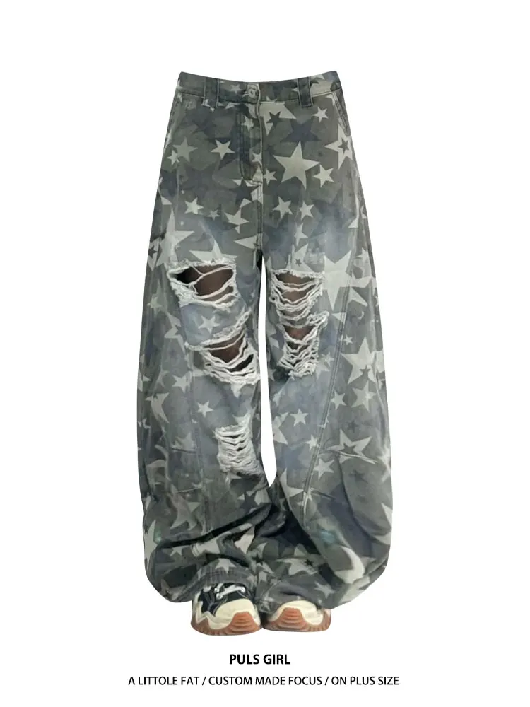 

Американские джинсы больших размеров с принтом звезд, рваные, свободного кроя, с широкими штанинами, с высокой талией, повседневные летние джинсы для женщин