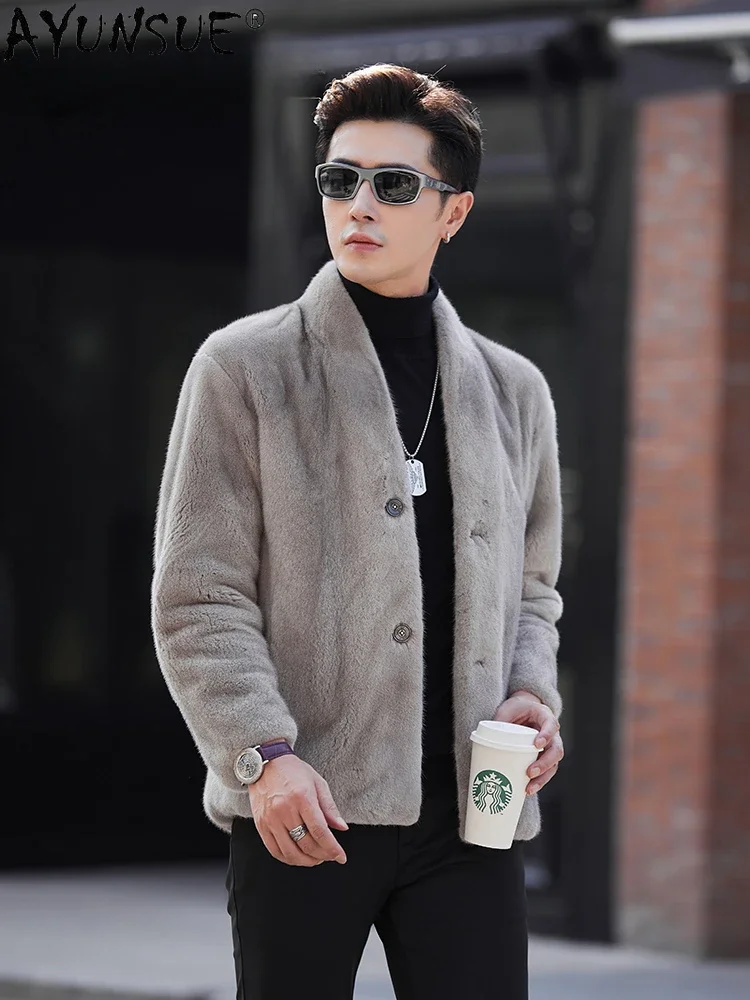 AYUNSUE Natural Fur Coat Men Clothing Single-breasted Winter Jackets for Men 2025 V-neck Real Mink Fur Jacket Casaco Masculino