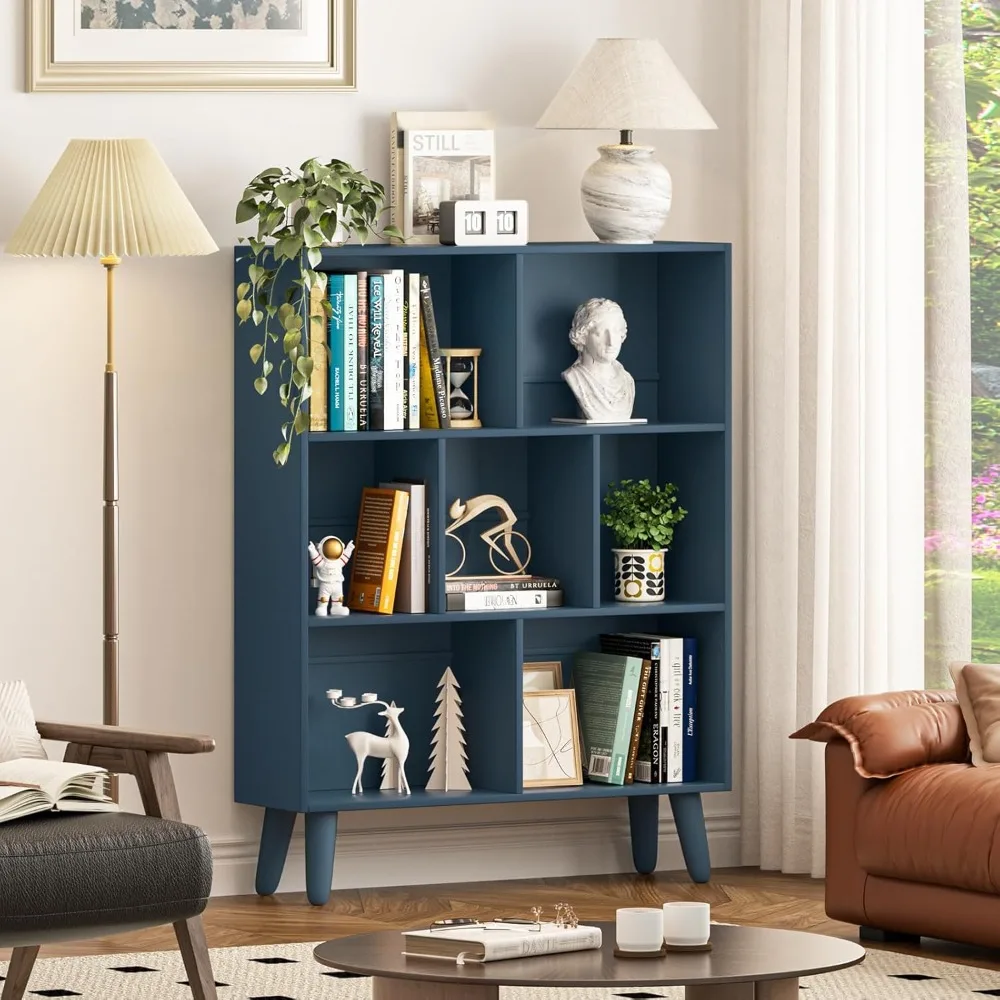 Blue Bookshelf,3 Tier Book Shelf with Legs, 7 Cube Minimalist Bookcase,Storage Organizer Shelves Display Bookcases for B