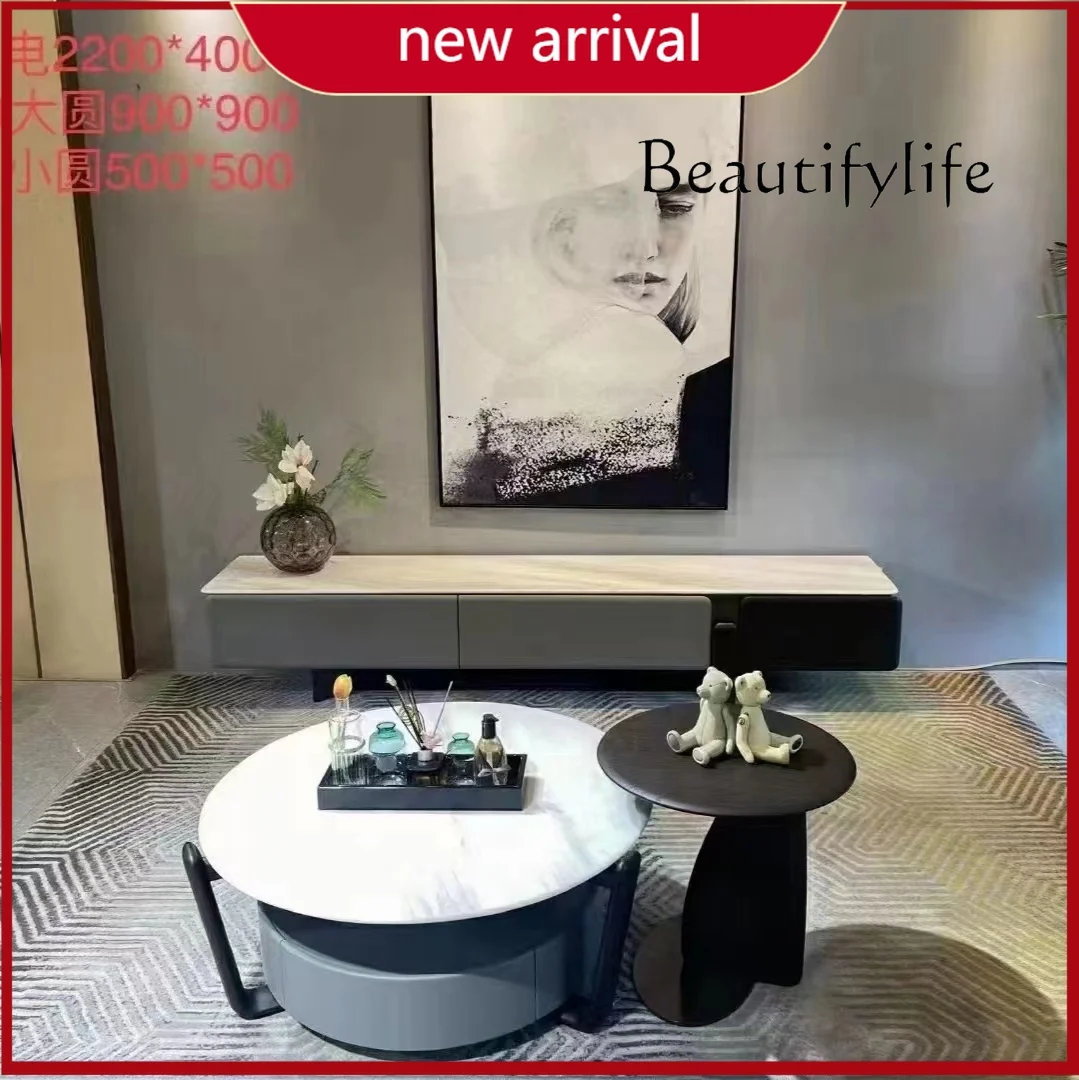 C Italian Minimalist Coffee Table Combination Living Room Creative High And Low Coffee Table Modern Solid Wood Small Round Table