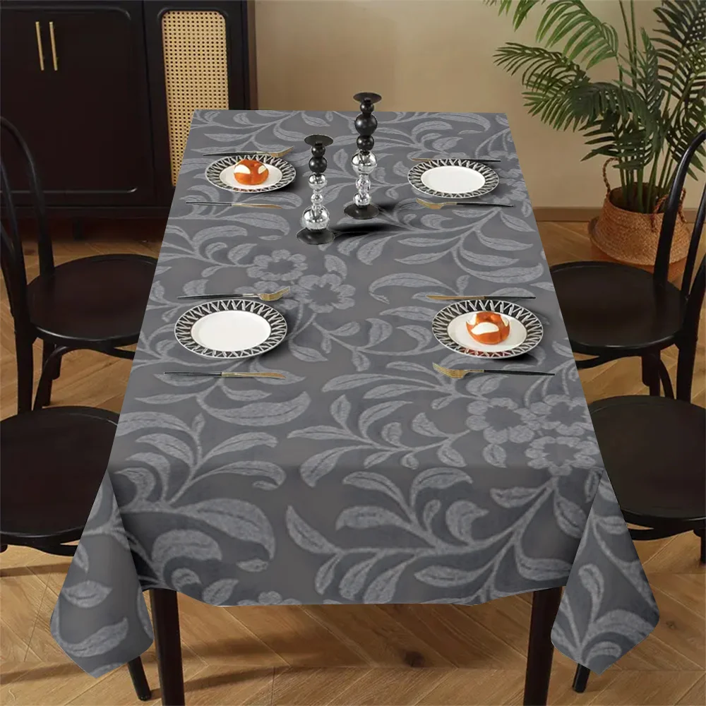 1pc Retro Gray Floral Leaf Pattern Rectangular Polyester Tablecloth, Fashionable and Elegant.PMJ