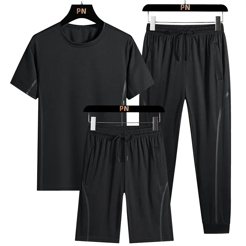 Summer New Solid Color Fitness Running Training Clothes For Men Loose Sports Breathable Large Size High-Grade Three-Piece Set