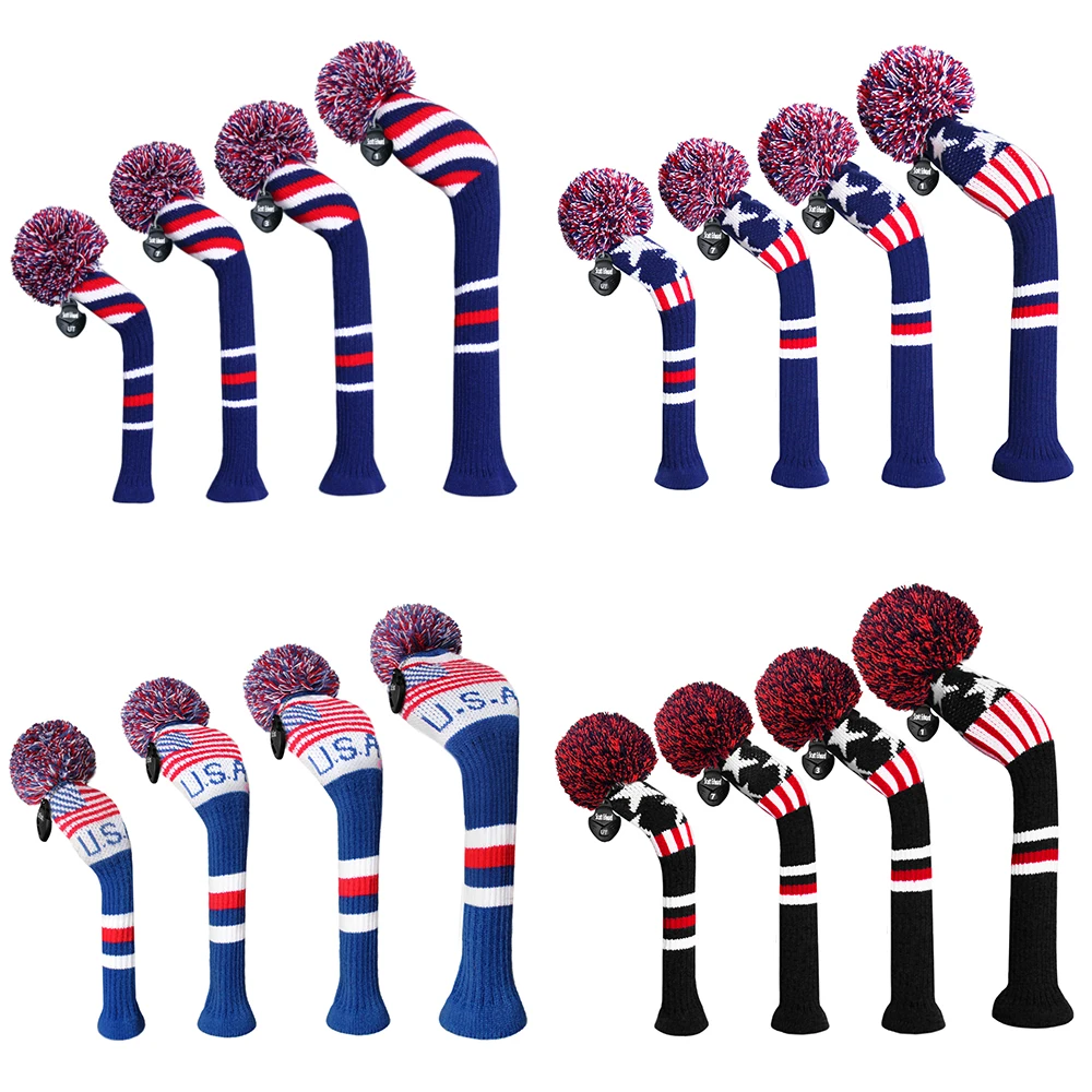 4pcs New Golf Knitted Pom-pom Woods Double Layers Headcovers,wood long-neck Driver Fairway Hybrid,135 Golf Wood with Classical