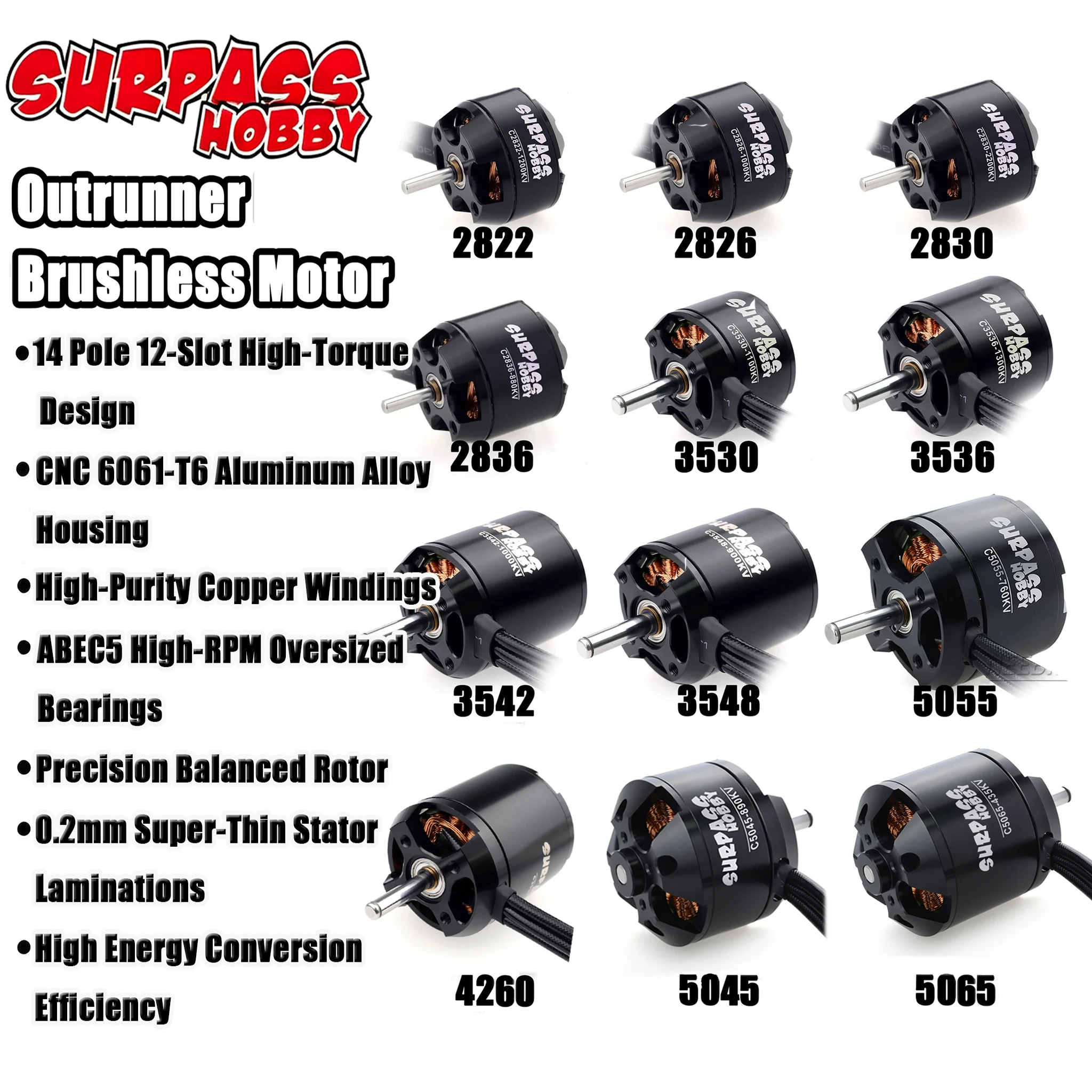 SURPASS HOBBY Brushless Motor 2822 2826 2830 2836 3530 3536 3542 3548 5065 for RC FPV Fixed‑Wing Quadcopter Upgrade Spare Parts