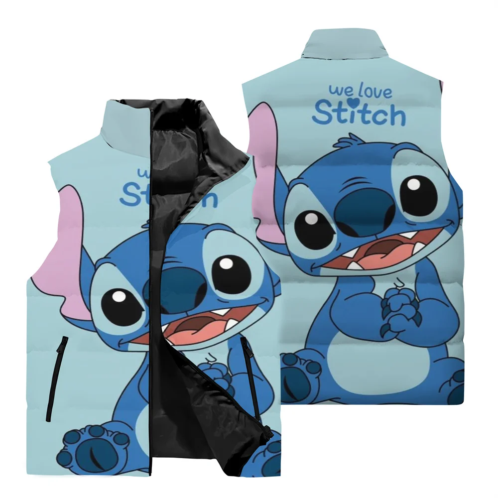 2024 New Disney Stitch 3D Printed Men\'s Sleeveless Jacket Outdoor Sports Coat Fashion Men\'s Stand Collar Zipper Windbreaker