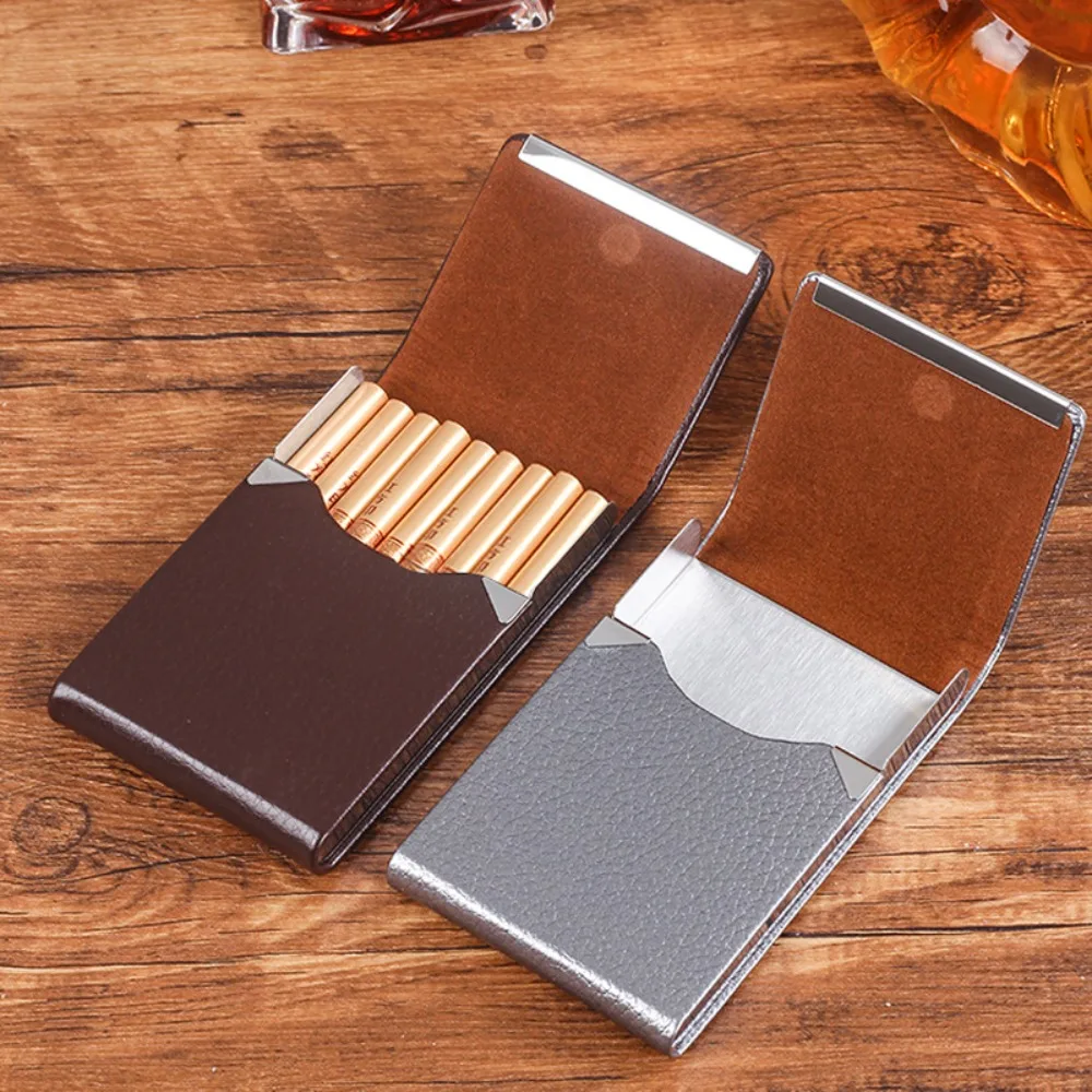 New Leather Cigarette Case Stainless Steel Cigarette Case Box Regular Size Tobacco Pocket Holder Smoking Box for Men Women Gift