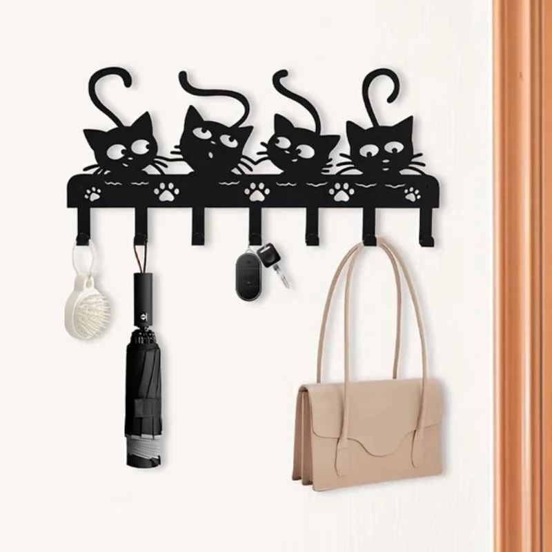 HelloYoung Black Cats Wall Hooks Key Holder Cats Decorative Hooks Rack Hangers Iron Hook Wall Mounted Hooker With 7 Hooks