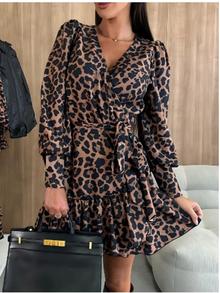 Sexy V-neck Bubble Long Sleeved Leopard Print Lace Up Women\'s Dress Elegant Dating Daily Versatile Autumn Dresses