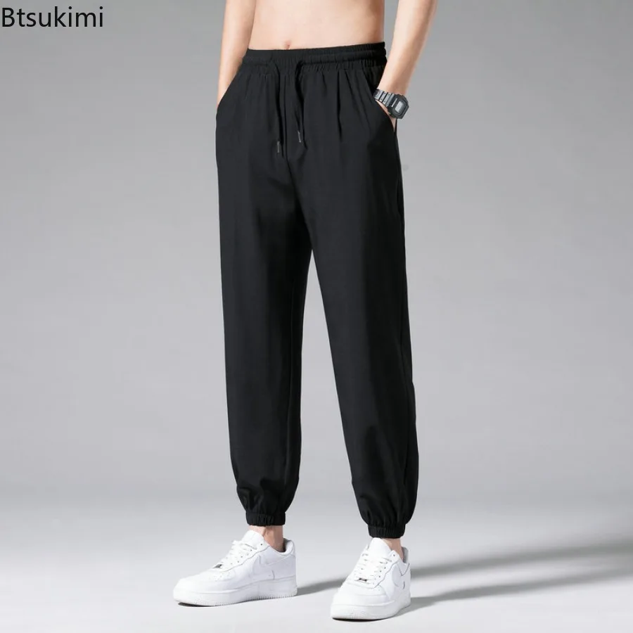 2024 Summer Men's Loose Ice Silk Pants Comfortable Ice-feel Casual Wide Leg Sport Trousers Men Quick Drying Ultrathin Sweatpants